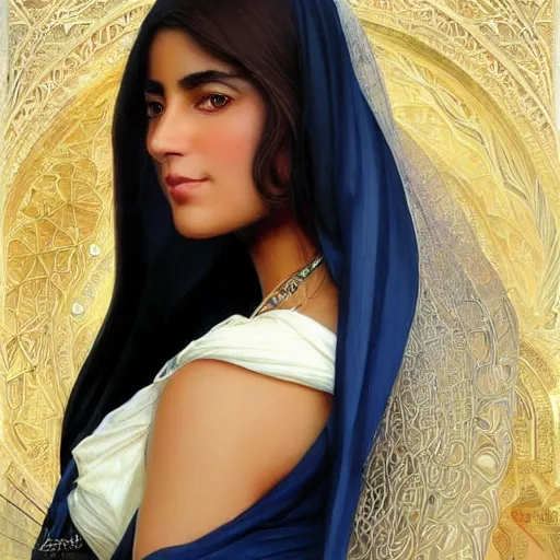 Image similar to modern tanned Ameera al-Taweel, blue eyes, wavy black hair, white veil, highly detailed, digital painting, artstation, concept art, smooth, sharp focus, illustration, ArtStation, art by artgerm and greg rutkowski and alphonse mucha and J. C. Leyendecker and Edmund Blair Leighton and Katsuhiro Otomo and Geof Darrow and Phil hale and Ashley wood and Ilya repin and Charlie Bowater