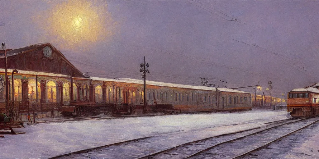 Image similar to Train Depot in Saint Petersburg in 1914 in winter, morning, trending on Artstation