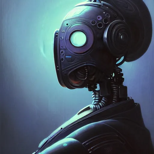 Prompt: low angle shot of a cyberpunk gazmask robot character wearing a gazmask, green eyes, intricate, elegant, highly detailed, centered, digital painting, artstation, concept art, smooth, sharp focus, illustration, artgerm, Tomasz Alen Kopera, Peter Mohrbacher, donato giancola, Joseph Christian Leyendecker, WLOP, Boris Vallejo