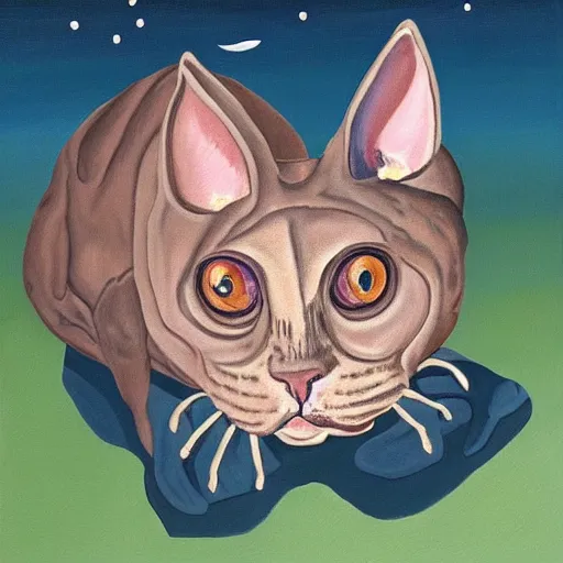 Image similar to painting of a devon rex, cornish rex tardigrade cat glowing in the moonlight looking curious