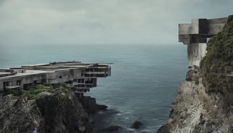 Prompt: coastal perched on a cliff overlooking a magnificient bay, imperial brutalist base, drawing architecture, ultra very long shot, top angle, imperial architecture in rogue one, pritzker architecture prize, brutalism architecture, jan urschel, greig fraser