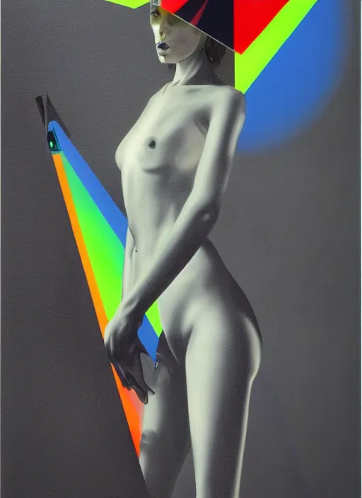 Prompt: futuristic lasers tracing, colorsmoke, fullbodysuit, pyramid hoodvisor, raindrops, wet, oiled, beautiful cyborg girl, by steven meisel, kaws, rolf armstrong, mondrian, hannah af klint perfect geometry abstract acrylic, octane hyperrealism photorealistic airbrush collage painting, monochrome, neon fluorescent colors, minimalist rule of thirds, eighties eros