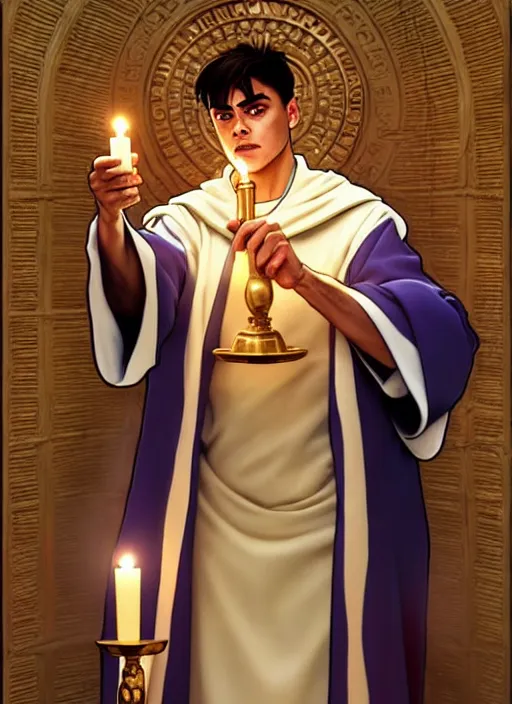 Image similar to paulo dybala as a priest wearing robes. holding golden candlestick, in a monestry natural lighting, path traced, highly detailed, high quality, digital painting, by don bluth and ross tran and studio ghibli and alphonse mucha, artgerm