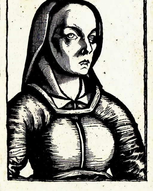 Image similar to b & w woodcut illustration of dana scully from the nuremberg chronicle, 1 4 9 3, restored, hq scan, london museum archives