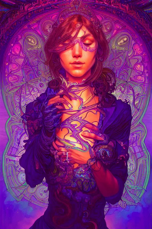 Prompt: psychedelic acid trip, blacklight reactive, sexy, [[[fantasy]]], intricate, elegant, highly detailed, digital painting, artstation, concept art, matte, sharp focus, illustration, art by Artgerm and Greg Rutkowski and Alphonse Mucha