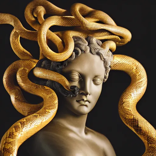 Prompt: black marble sculpture of medusa with golden snake hair, studio shot, black background, 55mm, depth of field