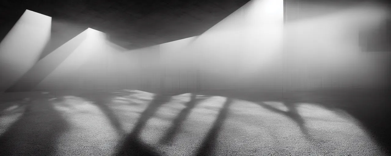 Prompt: realistic interior of a brutalist museum, (((((blurred silhouettes of person walking in the distance))))), sun rays at sunset, hard shadows, volumetric fog, Hyper realistic film photography by Yohji Yamamoto, Zeiss 24mm f2.8, Hasselblad, insanely detailed, sharp focus