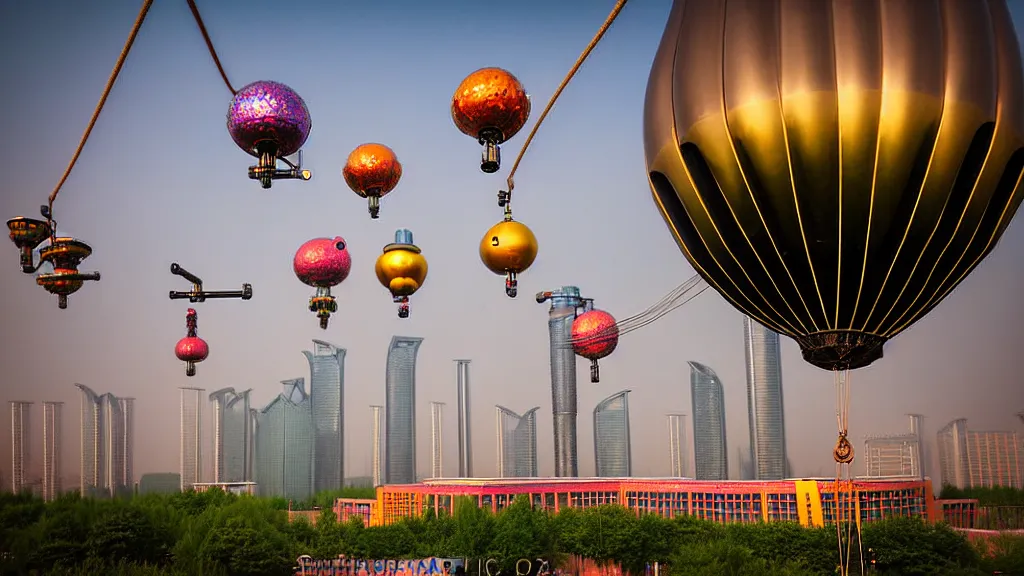 Image similar to large colorful futuristic space age metallic steampunk steam - powered balloons with pipework and electrical wiring around the outside, and people on rope swings underneath, flying high over the beautiful beijing city landscape, professional photography, 8 0 mm telephoto lens, realistic, detailed, photorealistic, photojournalism