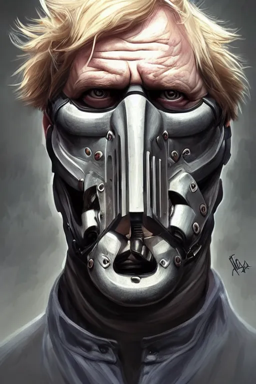 Prompt: Boris Johnson as a Bane from Dark Knight, Boris Johnson hairstyle, realistic portrait, symmetrical, highly detailed, digital painting, artstation, concept art, smooth, sharp focus, illustration, cinematic lighting, art by artgerm and greg rutkowski and alphonse mucha