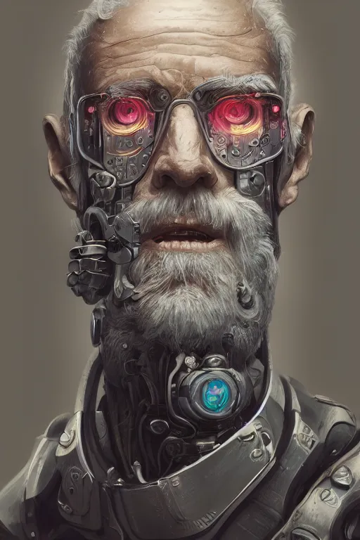 Image similar to ultrarealistic illustration old man cyborg, cyberpunk, sci - fi fantasy, intricate, elegant, highly detailed, digital painting, artstation, concept art