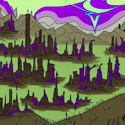 Image similar to purple, eldritch, corruption, sickness, taint, magic, spreading across a dead city