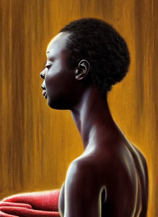 Image similar to danai gurira in finnish sauna, backround dark, highly detailed, digital illustration, trending in artstation, modern painting, smooth, sharp focus, intricate, einar jonsson, ilya repin