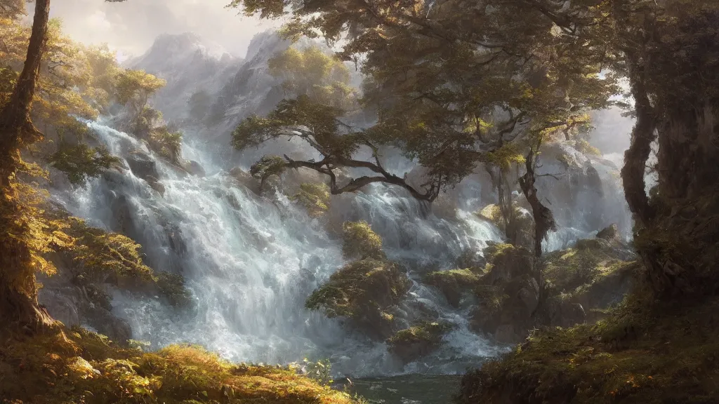 Image similar to the most beautiful panoramic landscape, oil painting, where a giant dreamy waterfall creates a river, the trees around are starting to bloom in a variety of colors, by greg rutkowski