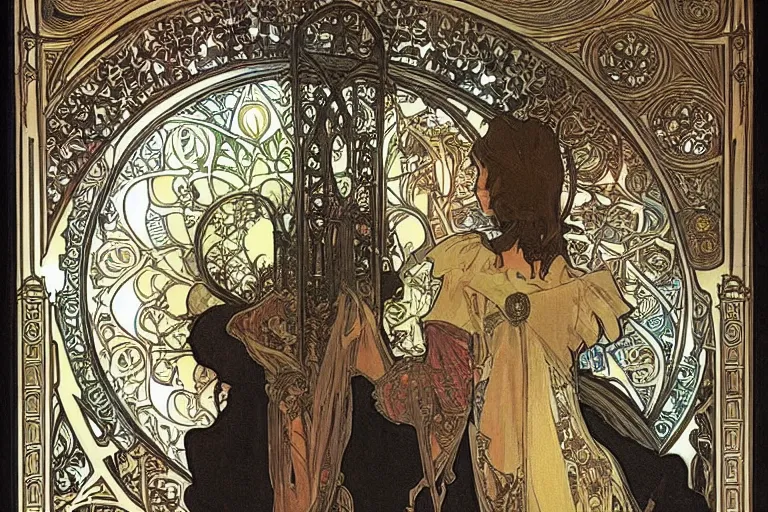 Image similar to gothic castle interior design by alphonse mucha