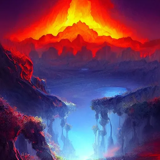 Image similar to a beautiful landscape with a huge teleport to the underworld the underworld is fire and shadow the background is beautiful nature but the background in the shadow world is all fire and monsters digital painting art