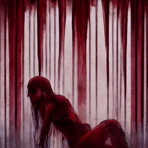 Image similar to pelham puppet behind red curtains, by Conrad Roset and Brooke Shaden and Nicola Samuri , medium shot, rule of thirds, seductive look, beautiful, intricate, dystopian, sci-fi, extremely detailed, digital painting, artstation, concept art, smooth, sharp focus, intimidating lighting, incredible art, details visible, very dark ambiance