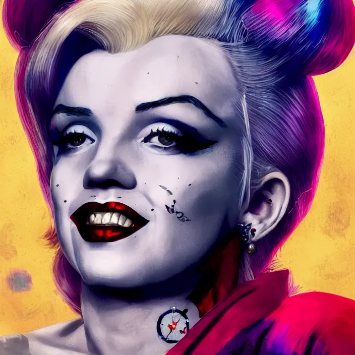 Image similar to portrait of Marilyn Monroe as a harley quinn in Suicide Squad. intricate artwork. by Tooth Wu, wlop, beeple, dan mumford. octane render, trending on artstation, greg rutkowski very coherent symmetrical artwork. cinematic, hyper realism, high detail, octane render, 8k