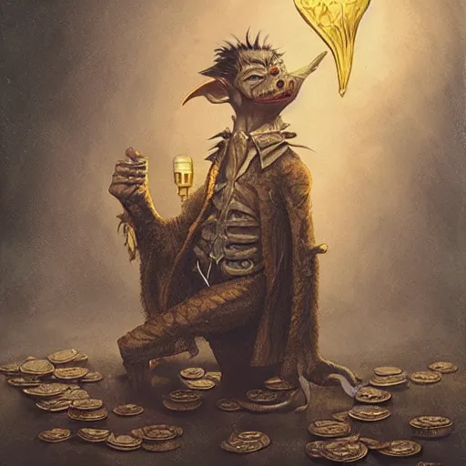 Image similar to goblin from gringotts counting gold by tom bagshaw and tad nasmith