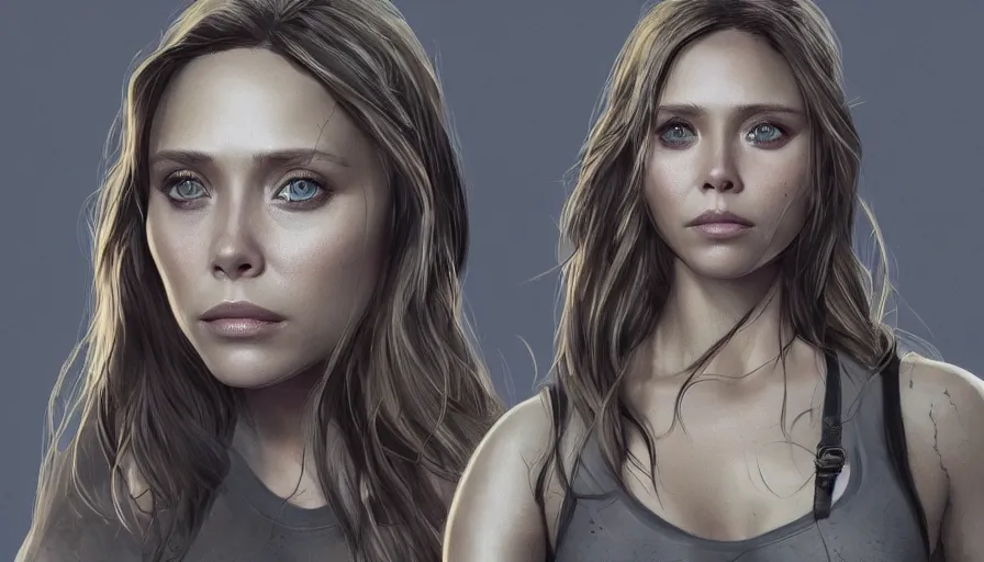 Prompt: elizabeth olsen is lara croft from tomb raider, grey background, hyperdetailed, artstation, cgsociety, 8 k