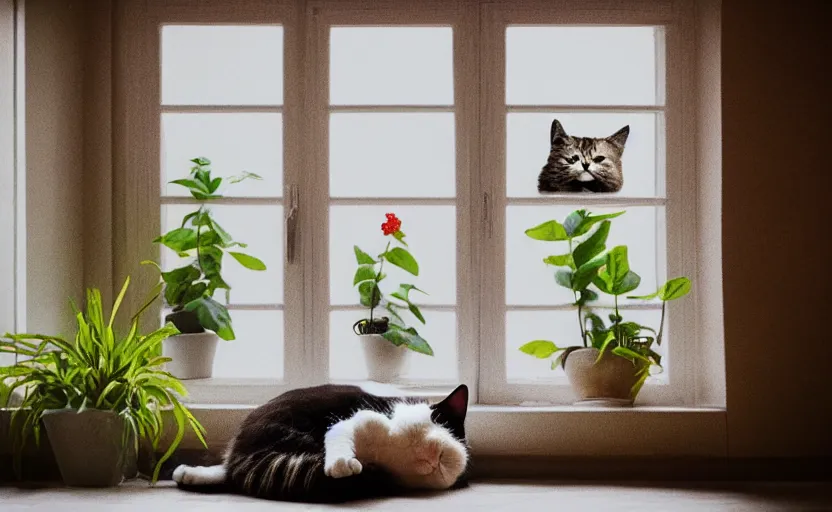 Prompt: photorealistic imagery of sleeping cat on window, inside house in village, plants
