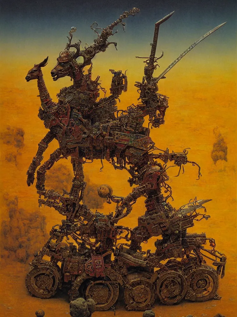 Image similar to epic llama wizard riding futuristic quadbike through the gates of hell, wearing samurai armour, and firing missiles, highly detailed beksinski painting