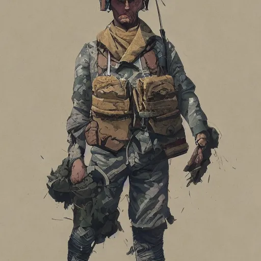 Prompt: Portrait figure study ripped physique kitty cat general camouflaged as a kitty cat man wearing a military officer uniform jean helion greg rutkowski Dan Witz norman rockwell victo ngai