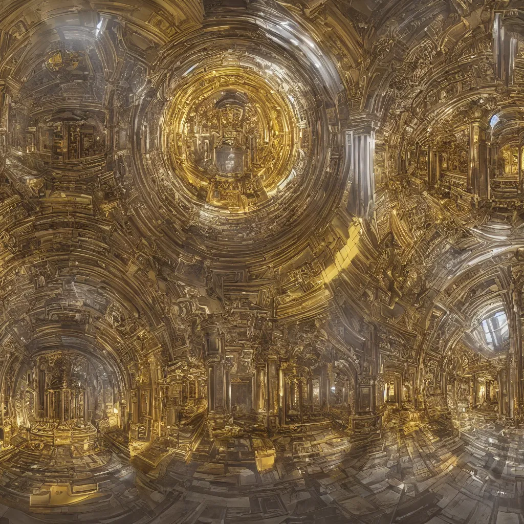 Image similar to “ a panoramic depth map of a digital neo baroque building that serves a temple for artificial intelligence gods in a sphere in the center that is glowing with gold, a human reaches out to touch it, detailed in 4 k ”