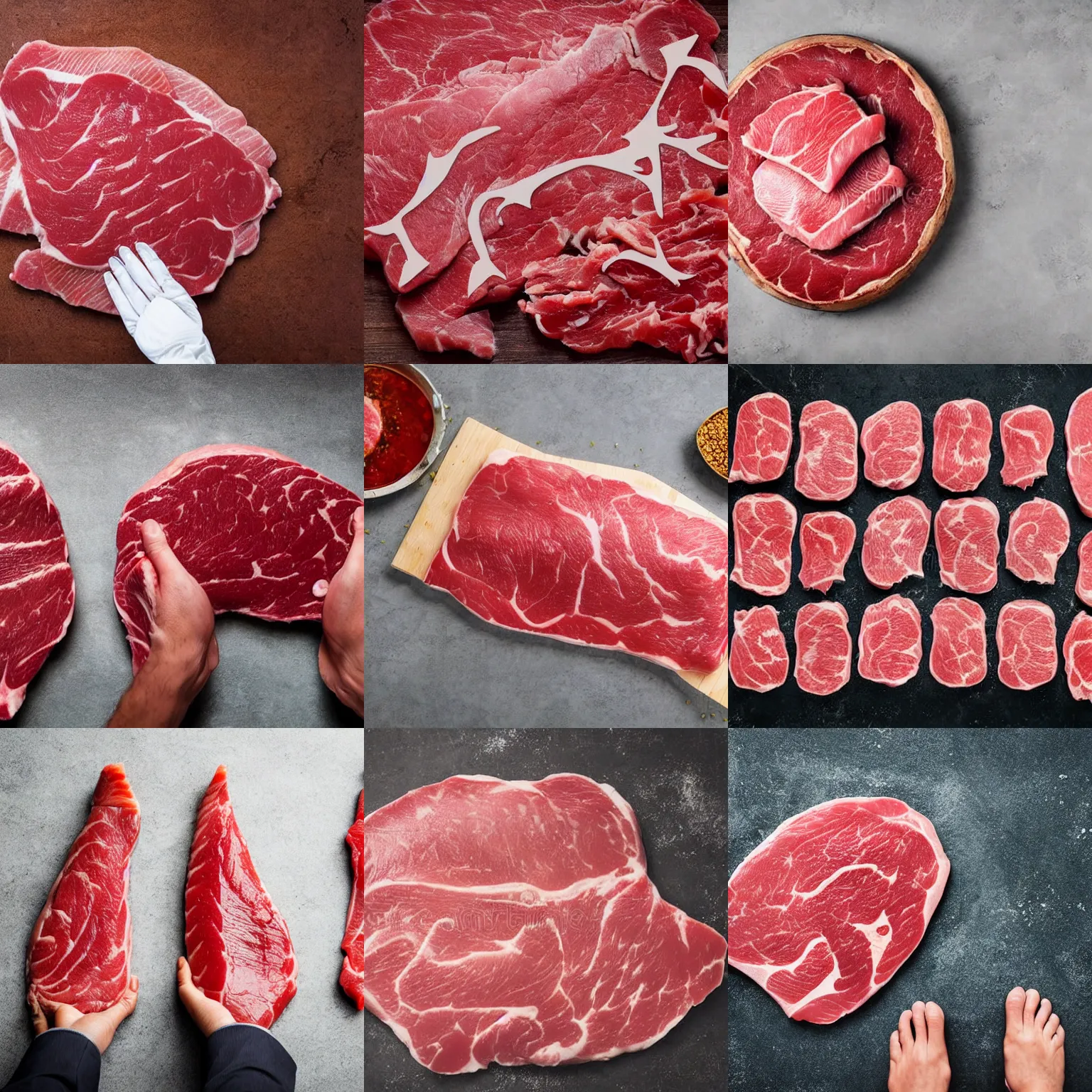 Prompt: raw meat shaped like bitcoin, on butchery floor, real photo, top down view