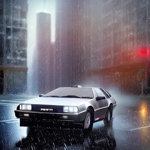 Image similar to hyperdetailed, photorealistic photograph of a dmc 1 2 delorean driving in the streets, rain, night, dense fog, hd, unreal engine 5