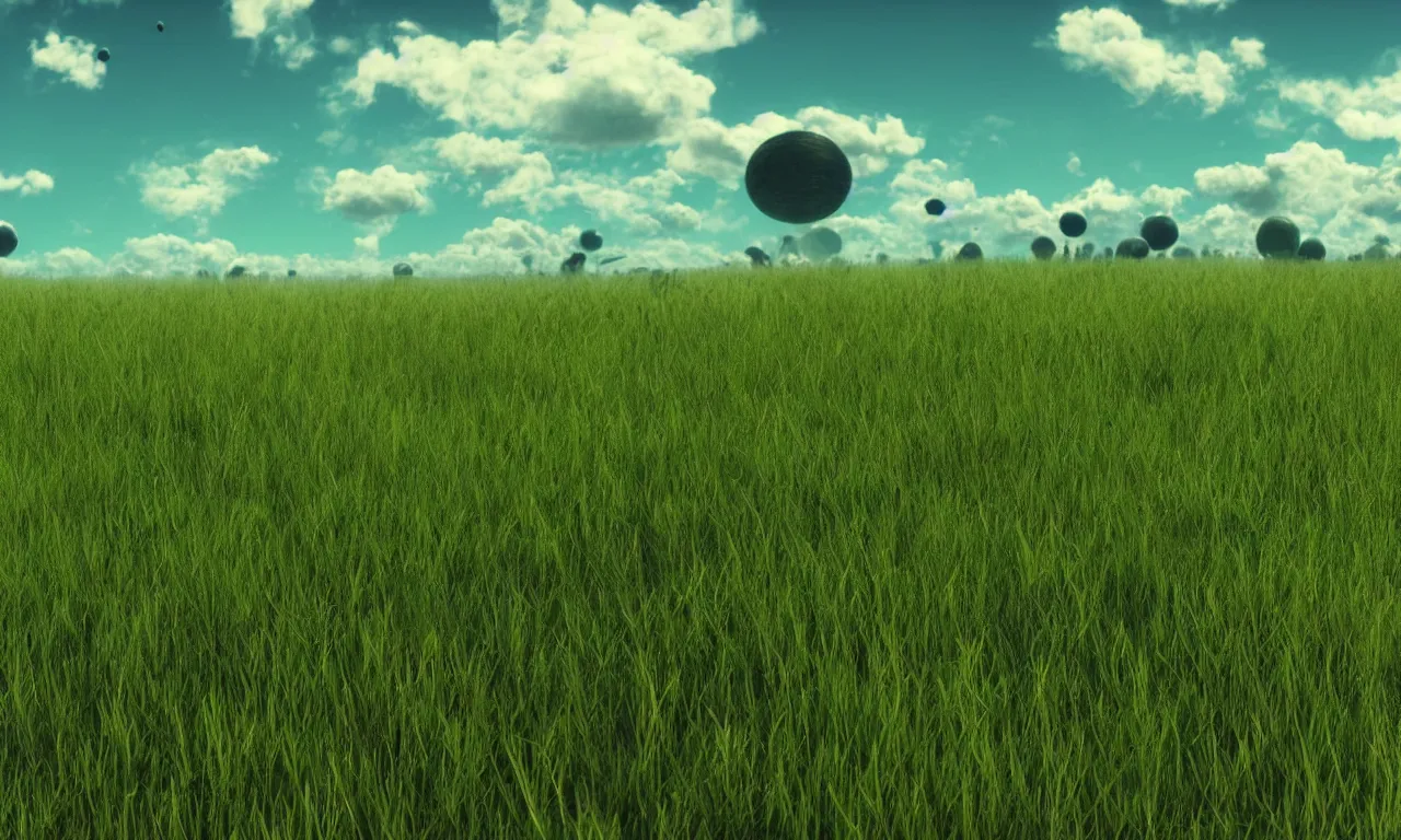 Prompt: alien green grassy field on a planet, cinematic perspective, daylight, blue sky, detailed, 4k, Artstation