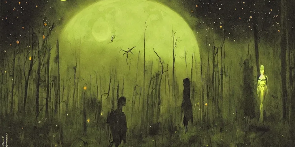 Prompt: forest mystical ceremony under the moon light, fireflies, ominous sky, by jeffrey catherine jones