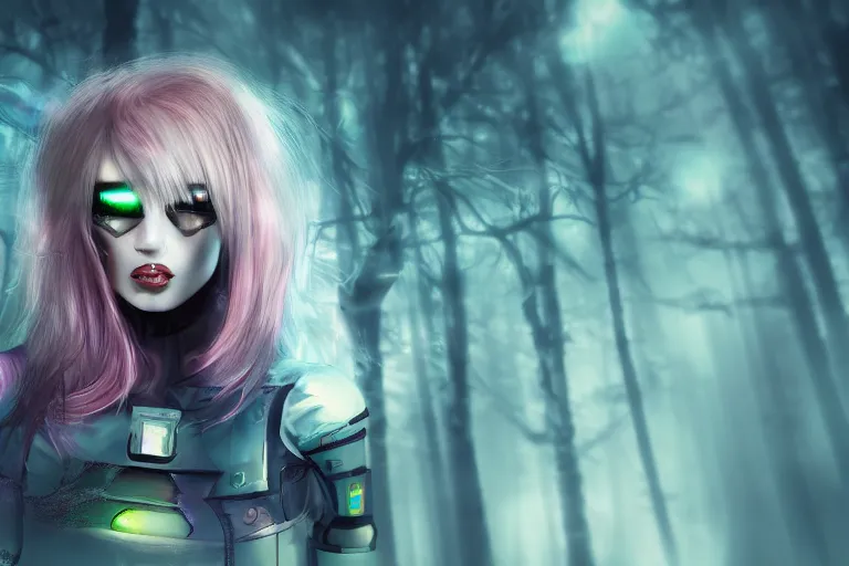 Image similar to Cyber ​​girl, transforming face, fangs, syringes, forest, fog, volumetric light