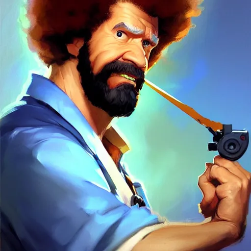 Image similar to Greg Manchess portrait painting of Bob Ross as Overwatch character, epic, medium shot, asymmetrical, profile picture, Organic Painting, sunny day, Matte Painting, bold shapes, hard edges, street art, trending on artstation, by Huang Guangjian and Gil Elvgren and Sachin Teng