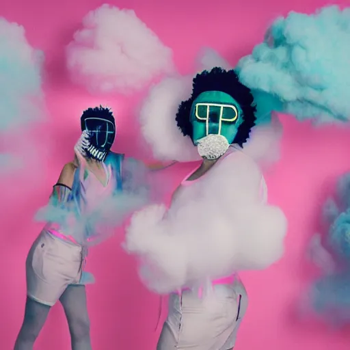 Image similar to polaroid of dancers that are made from cotton candy, smoke and clouds, wearing giant paper masks, mix, DADA collage, texture, lomography, fashion neon light