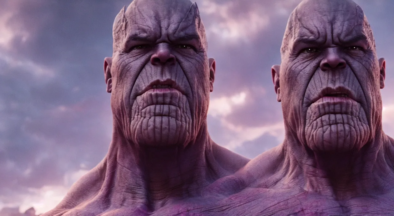 Image similar to Film still of Thanos with two fingers on his mouth with puckered lips and sadly furled eyebrows as he stands leaned over sheepishly awkwardly