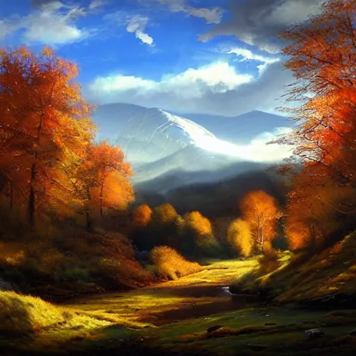 Prompt: beautiful autumnal scottish valley view by tyler edlin