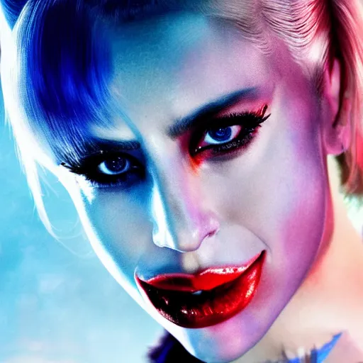 Prompt: awe inspiring photorealistic movie poster featuring Lady Gaga as Harley Quinn 4k hdr amazing lighting