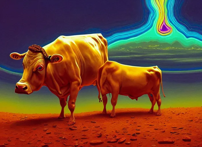 Prompt: A psychedelic portrait of mr bean rotating a cow in his mind, vibrant color scheme, highly detailed, in the style of romanticism, cinematic, artstation, Moebius, Greg rutkowski