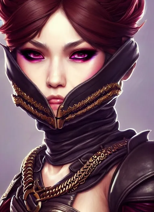 Image similar to rogue, fantasy ornate leather bandit outfit!!! close - up portrait beautiful and athletic short hair female!! gorgeous face and eyes!! character concept art, sharp focus, octane render! unreal engine 5! highly rendered!! trending on artstation!! detailed linework!! illustration by artgerm, wlop, and chie yoshii