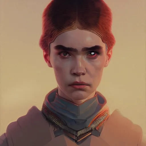 Image similar to Portrait of Grimes in Dune 1984, illustrated by Greg Rutkowski, trending on artstation, artstationHQ, artstationHD, 4k, 8k