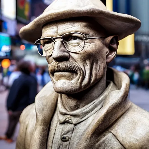 Image similar to a long shot of a very detailed renaissance sculpture of walter white in a hat standing in times square, made by michelangelo, hyper detailed, sharp focus, 8 k resolution