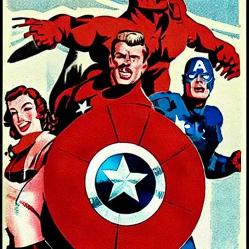 Image similar to the avengers 2012 in a 1950's URSS Communist poster of propaganda