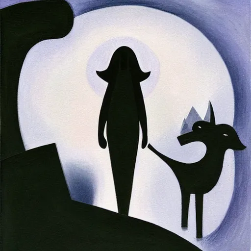Prompt: woman woman searches for her lost child in the forest by the moonlight, abstract art in the style of cubism and georgia o’keefe ,