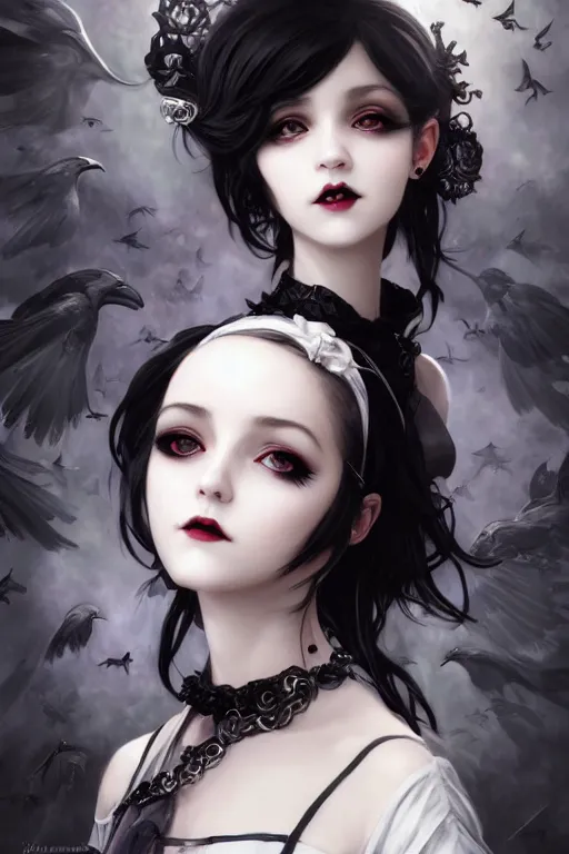 Prompt: portrait of radical lolita girl, dreamy and ethereal and dark, black eyes, silver short hair, smiling expression, ornate goth dress, dark fantasy, chaotic, elegant, black crows flying, highly detailed, digital painting, artstation, concept art, smooth, sharp focus, illustration, art by artgerm and greg rutkowski and alphonse mucha