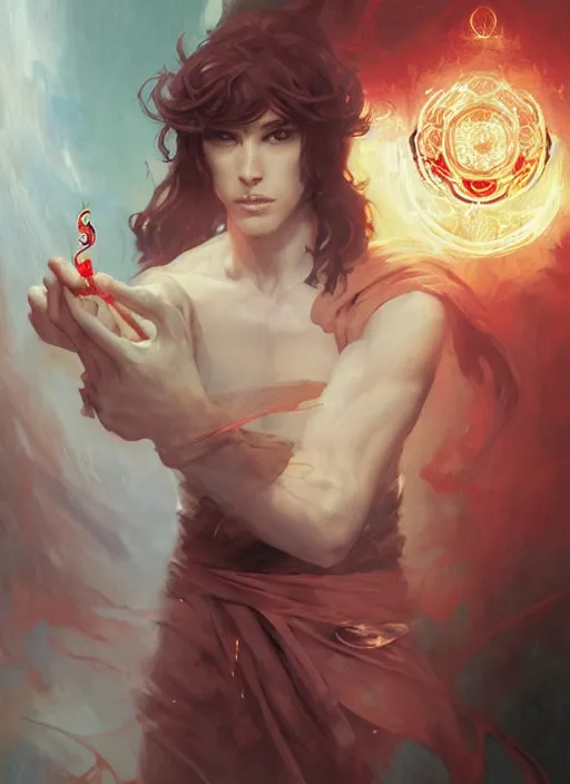 Image similar to character concept portrait of an attractive young Spanish wizard with red skin conjuring a laser spell, a floating iridescent spell book in the center, intricate, elegant, digital painting, concept art, smooth, sharp focus, illustration, from Metal Gear, by Ruan Jia and Mandy Jurgens and William-Adolphe Bouguereau, Artgerm