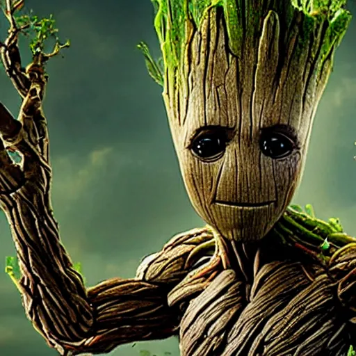 Image similar to groot with metal armor, 4k realistic photo