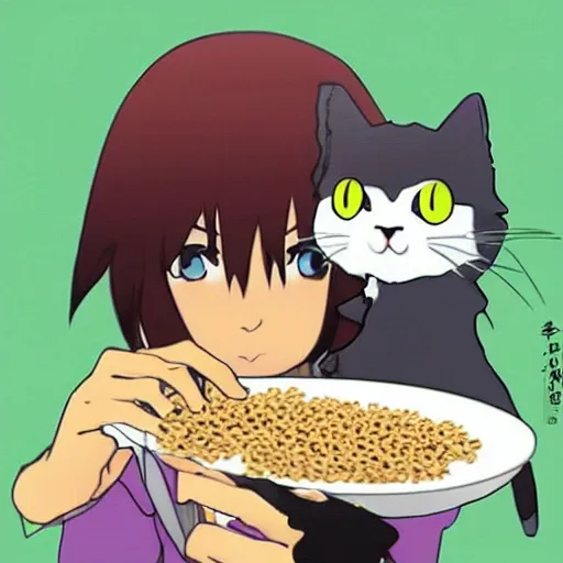 Image similar to “Shinji from Eva eating Cheerios with an emo cat girl”