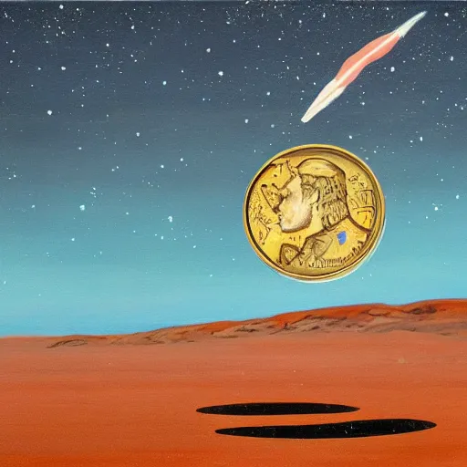 Image similar to a painting of a giant coin landing like a rocket on the surface of the moon