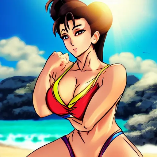 Prompt: chun li enjoying her holiday, wearing a bikini on the beach, backlit, sun in background, anime, digital art, doax, tomonobu itagaki