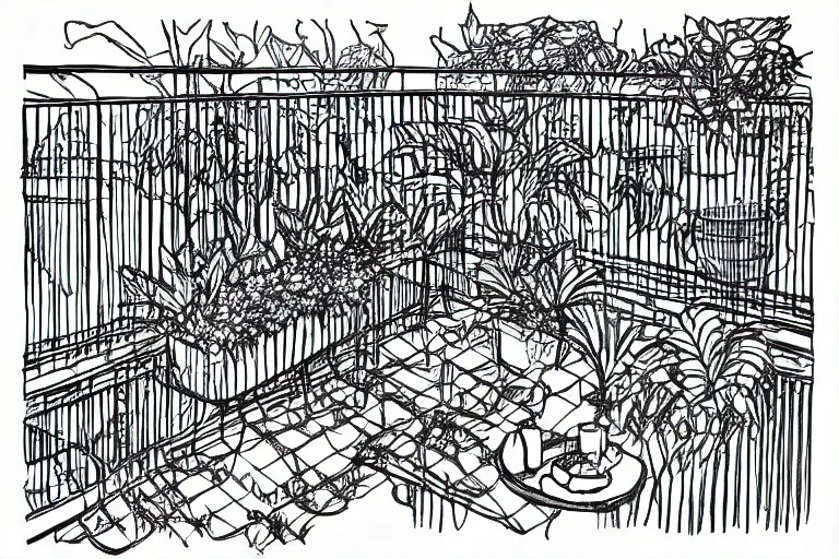 Image similar to a wide drawing of a balcony with plants, drawn in one line, back and white, solid background